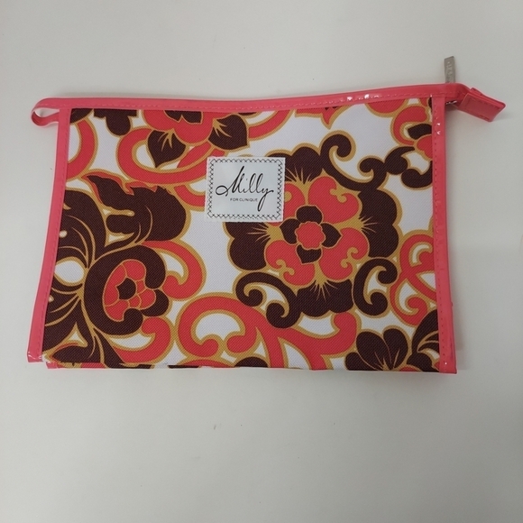 Milly for Clinique Make Up Bag Cosmetic Case Zipper Pink Brown Flower Floral - Picture 1 of 12